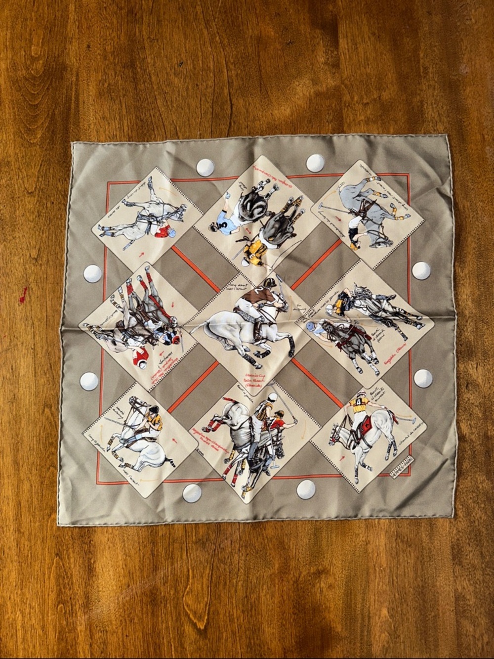 Hermes Taupe Beige Equestrian Silk Scarf “Le Monde du Polo”